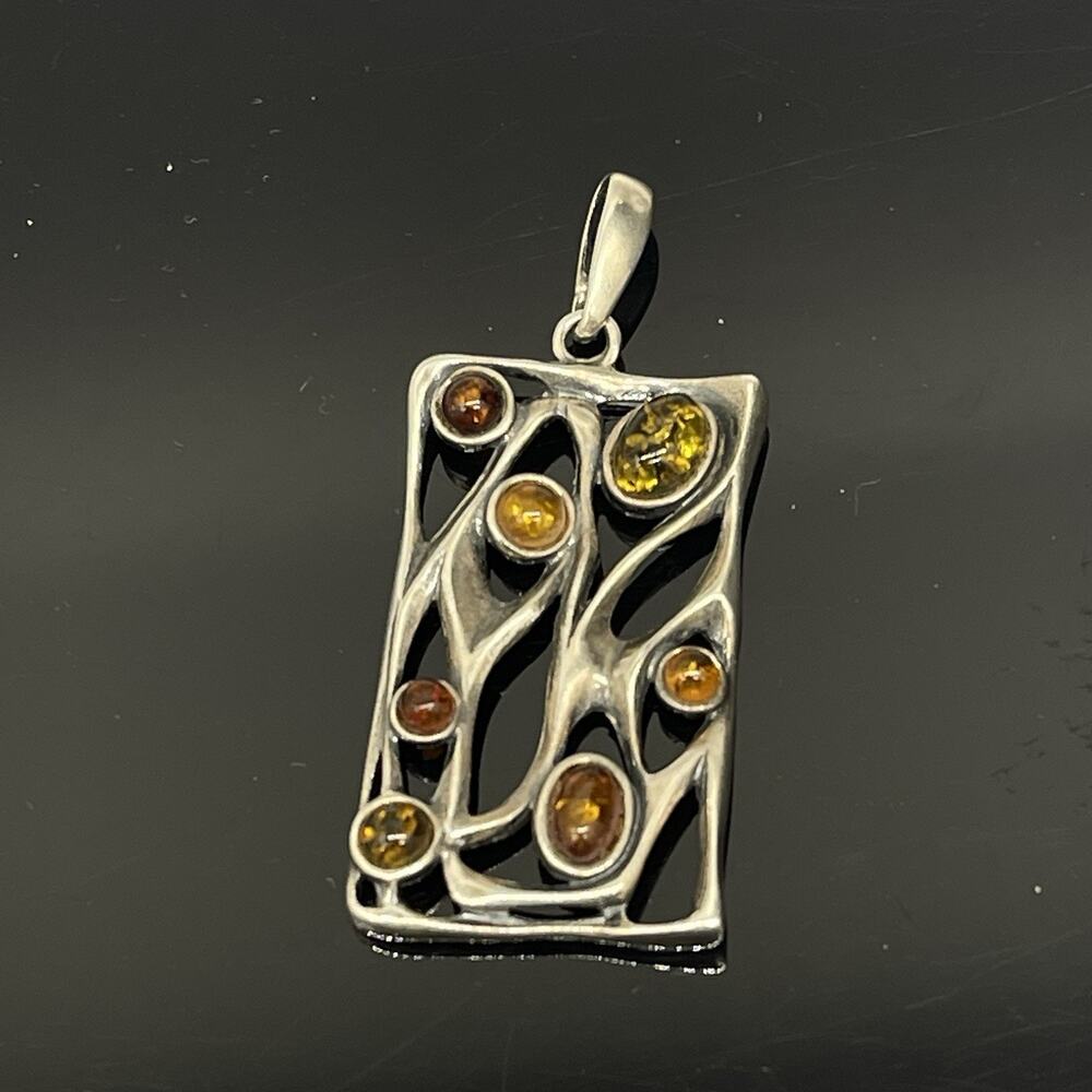 Multicolor Genuine Amber Rectangular Pendant 925 … - image 1